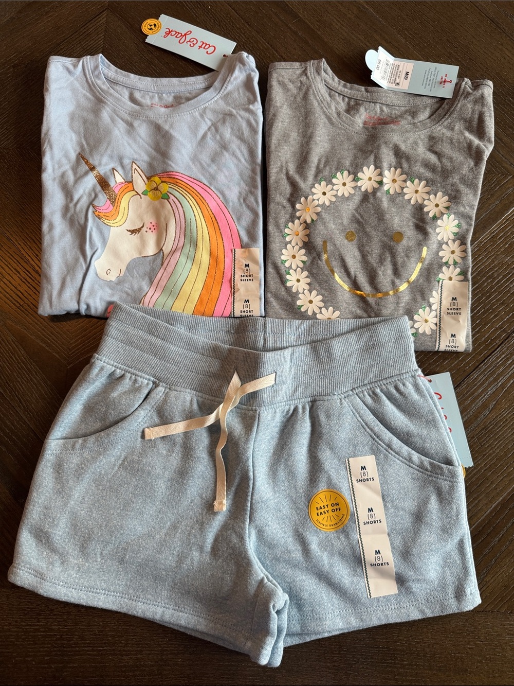 Cat & Jack Girls Unicorn & Daisy Smile Tee + Blue Shorts Medium M (8) New NWT